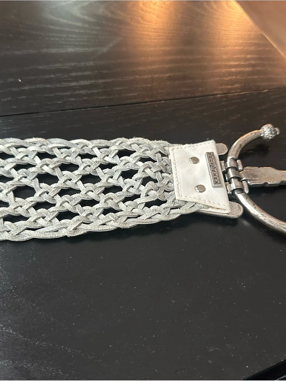 Suzi Roger gray Woven Leather Silver-Tone Wide Buckle Waist Belt -